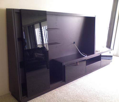 ENTERTAINMENT WALL FOR TABLE TOP TV - Black Color Glass Fronts w/ Wenge Matte Case