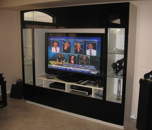 ENTERTAINMENT WALL FOR TABLE TOP TV - Black Color Glass Fronts w/ White Matte Case