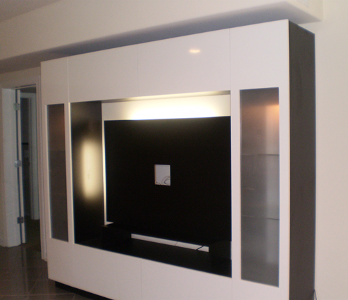 ENTERTAINMENT WALL FOR THIN PANEL MOUNTED TV - White Glossy Fronts w/ Wenge Matte Case