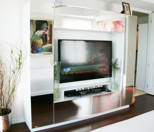 ENTERTAINMENT WALL UNIT - Mirror Bevel Mirror Fronts w/ White Matte Case