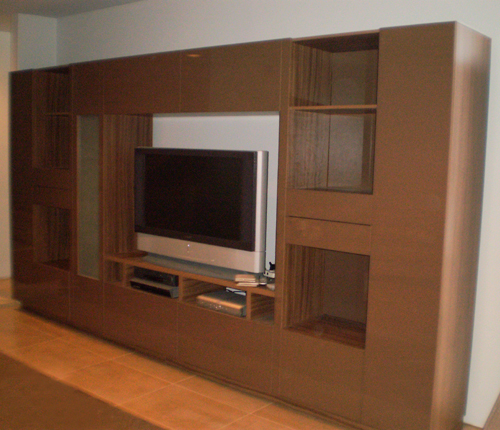 ENTERTAINMENT WALL FOR TABLE TOP TV - Chocolate Color Glass Fronts w/ Walnut Matte Case