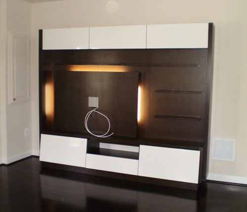 ENTERTAINMENT WALL FOR THIN PANEL MOUNTED TV - White Glossy Fronts w/ Wenge Matte Case