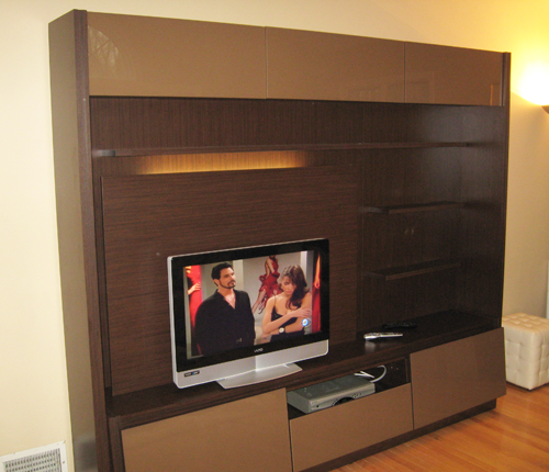 ENTERTAINMENT WALL FOR THIN PANEL MOUNTED TV - Chocolate Color Glass Fronts w/ Wenge Matte Case