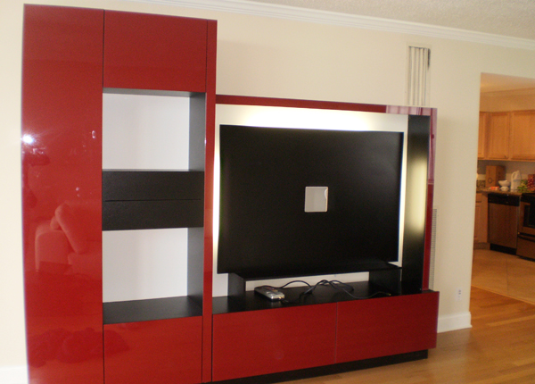 ENTERTAINMENT WALL FOR THIN PANEL MOUNTED TV - Red Color Glass Fronts w/ Wenge Matte Case