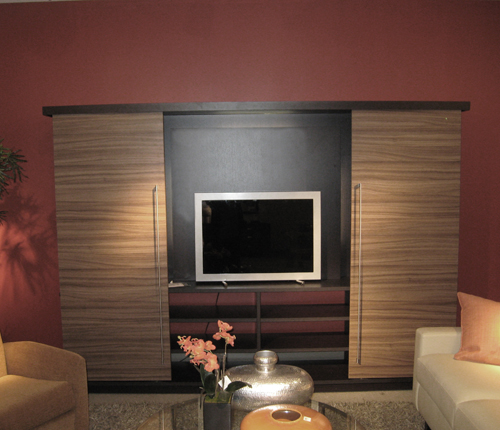 ENTERTAINMENT WALL FOR THIN PANEL MOUNTED TV - Walnut Matte Fronts w/ Wenge Matte Case