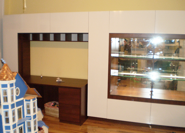 DISPLAY CABINET AND HOME OFFICE - White Glossy Fronts w/ Java Matte Case